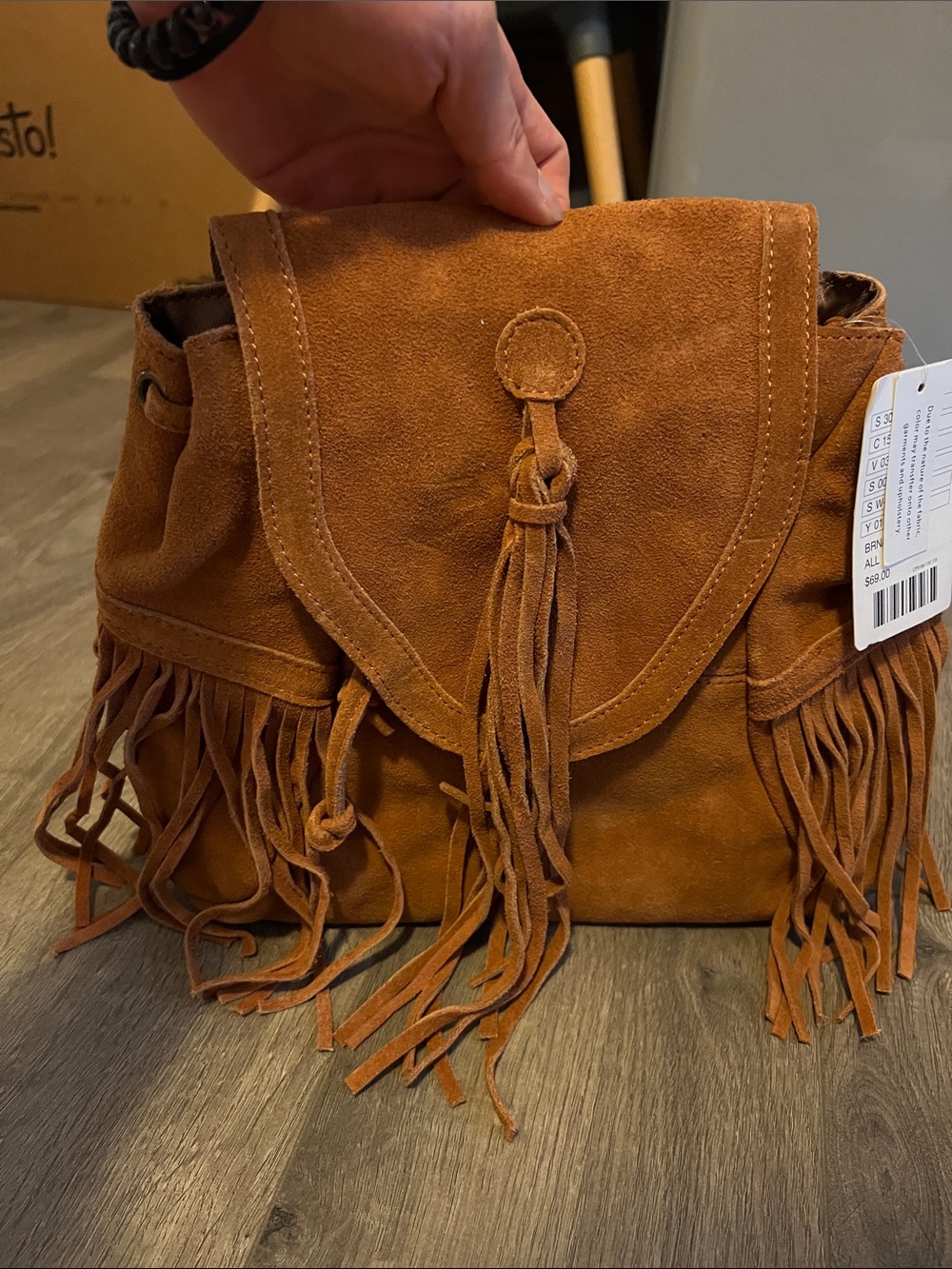 Nwt urban outfitters brown Fringe Suede Drawstring 2ways Crossbody Bag, backpack